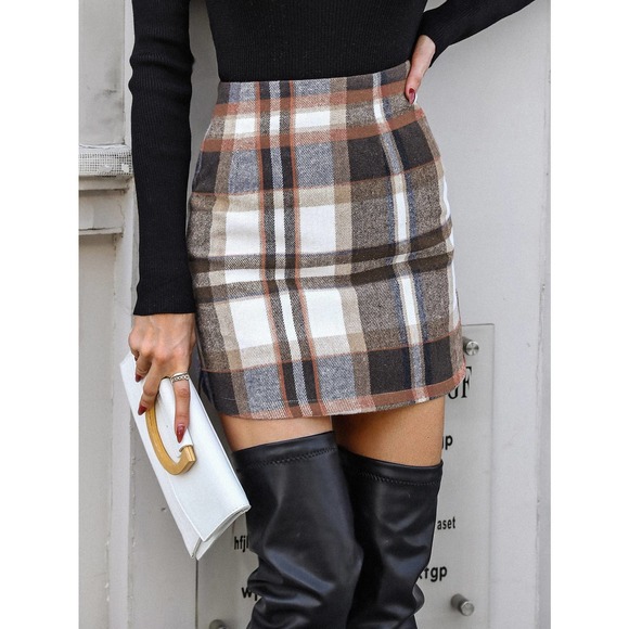 BohoGypsyDreamer.com Dresses & Skirts - Plaid Wool Mix Bodycon mini Skirt tan white brown